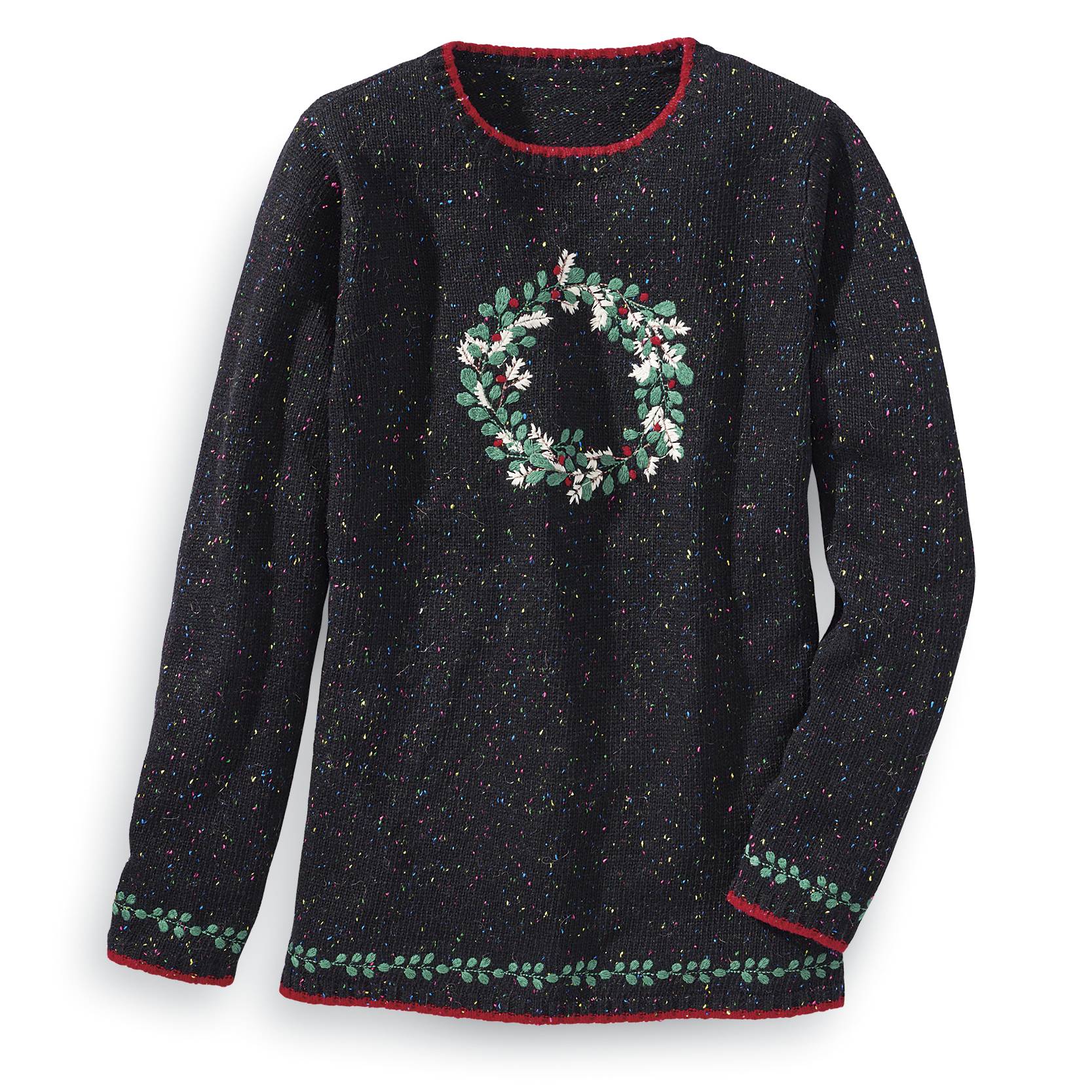 Embroidered Wreath Sweater, French Knot Accents, Ribbed Trim - Northstyle Catalog