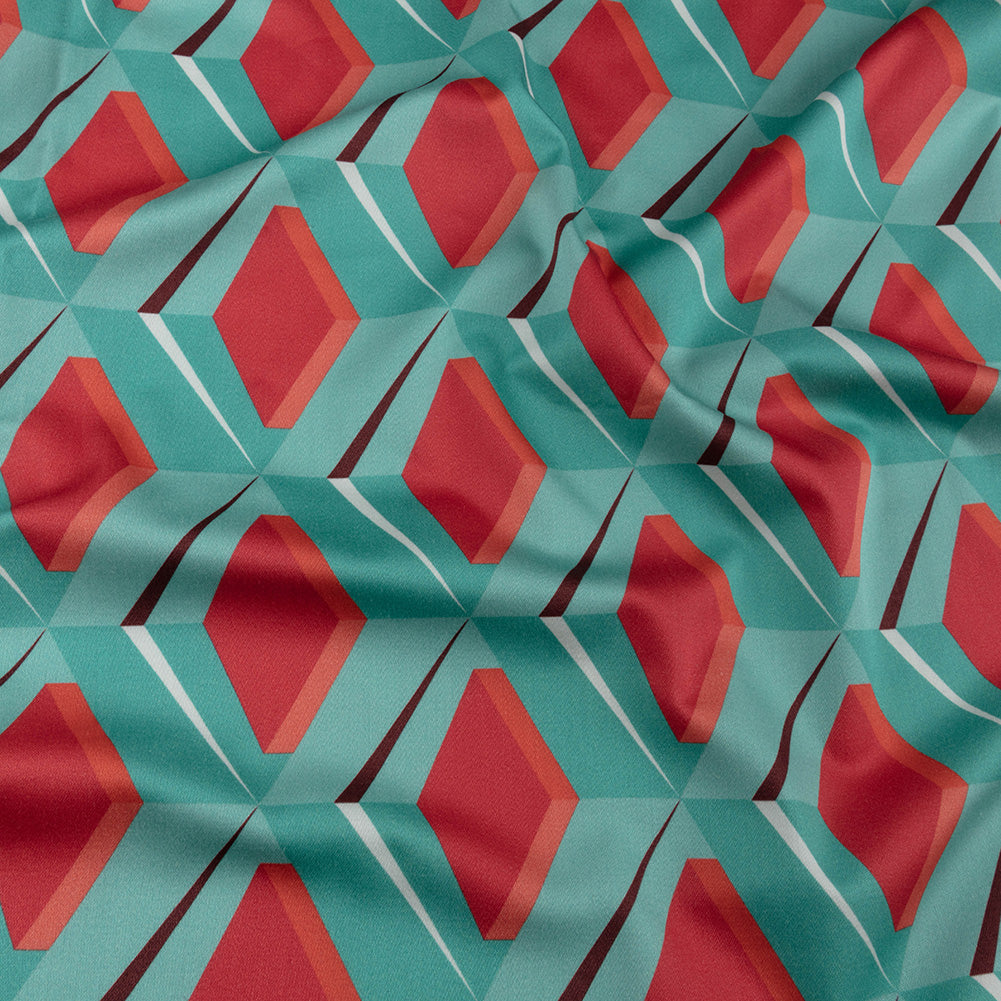 Stretch Cotton Sateen - Turquoise and Red Diamonds - Deco Delight Print - Mood Exclusive Yesterday Collection - Joann Fabrics