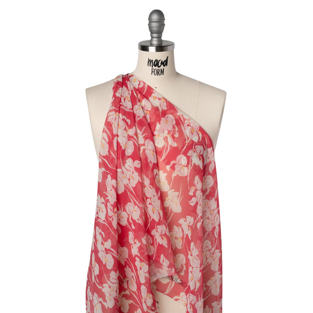 Crinkled Silk Chiffon - White, Yellow, and Dark Pink Orchids - Deadstock - Joann Fabrics