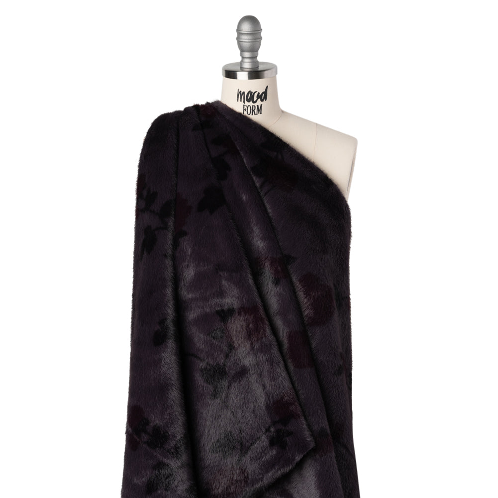 Plush Short Pile Recycled Polyester Faux Fur - Dark Purple, Charcoal and Burgundy Floral Print - Joann Fabrics
