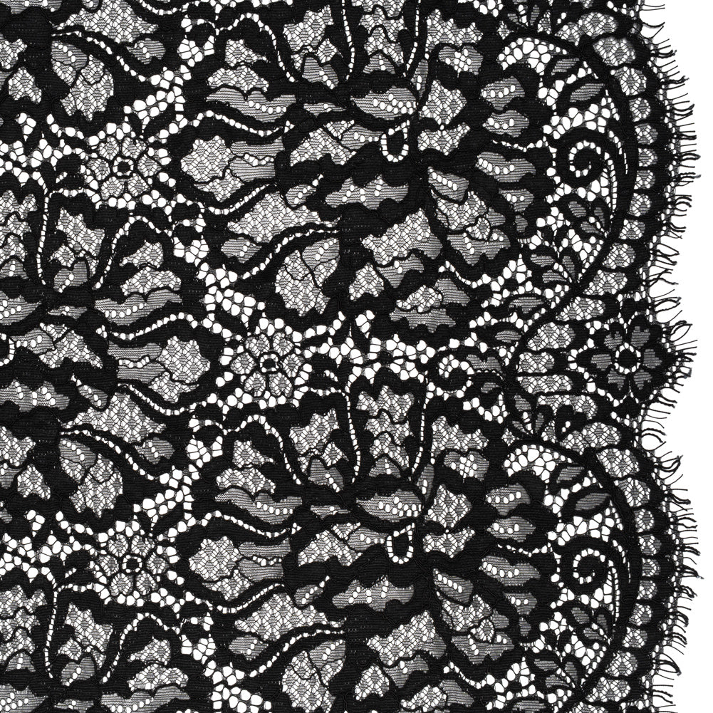 Corded Raschel Lace Panel with Finished Edges - Black All-Over Flowers and Leaves - Joann Fabrics