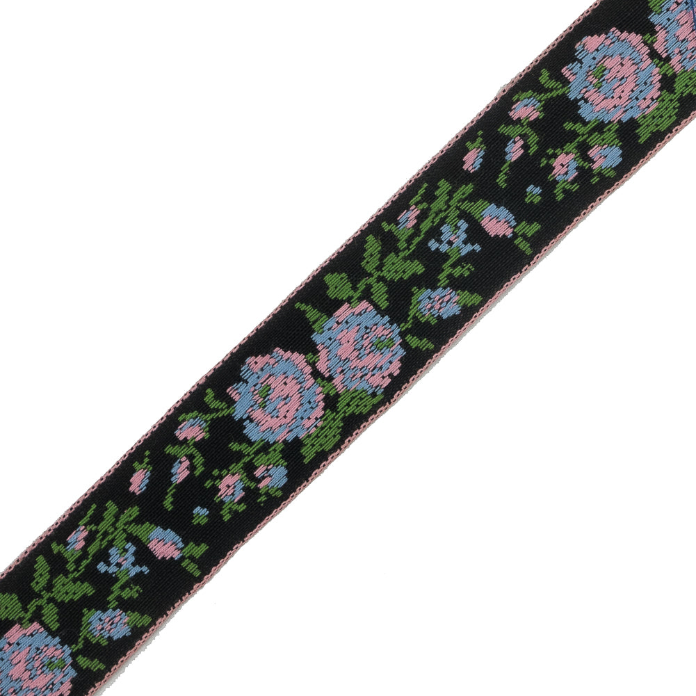 Black and Pink Floral German Jacquard Ribbon - 0.875