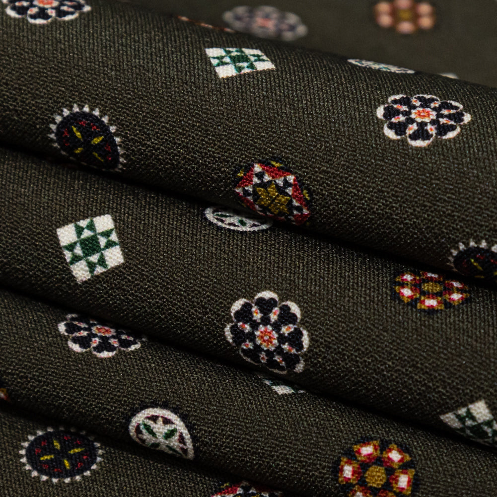 Stretch Polyester Crepe - Olive Green LIttle Medallions - Emblematic Medallions Print - Mood Exclusive Serengeti Collection - Joann Fabrics