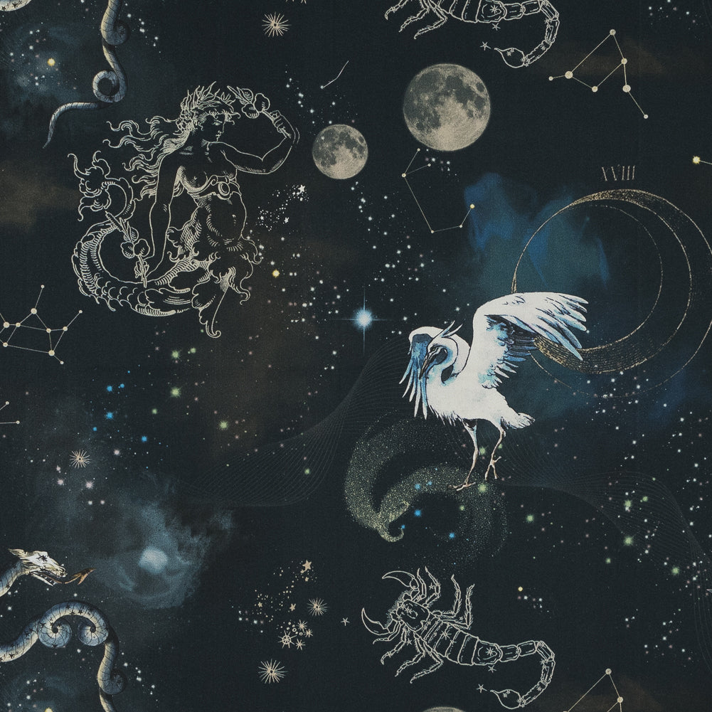 Stretch Cotton Sateen - Navy Celestial Birds - Apollo's Disguise Print - Mood Exclusive Gaia Collection - Joann Fabrics