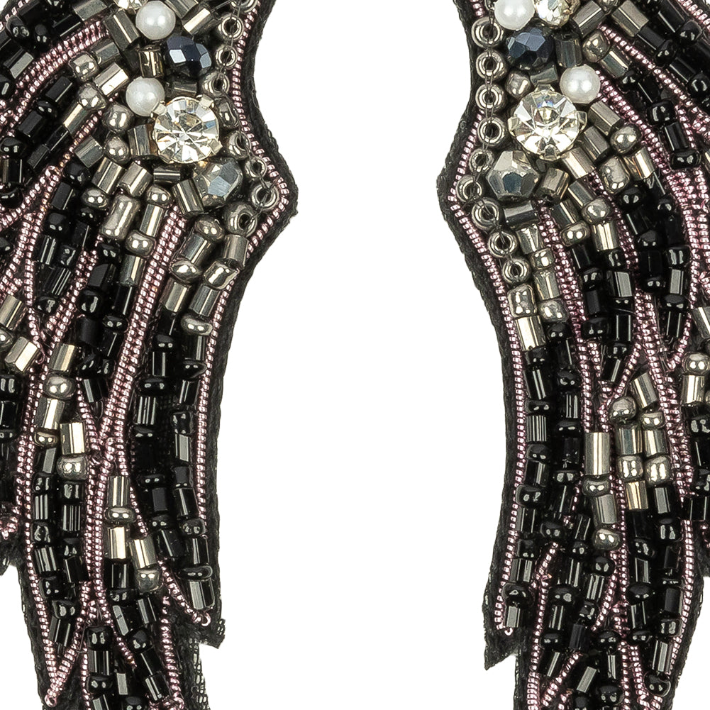 Gunmetal, Black and Pink Wings Rhinestone and Glass Beaded Applique - 3.125