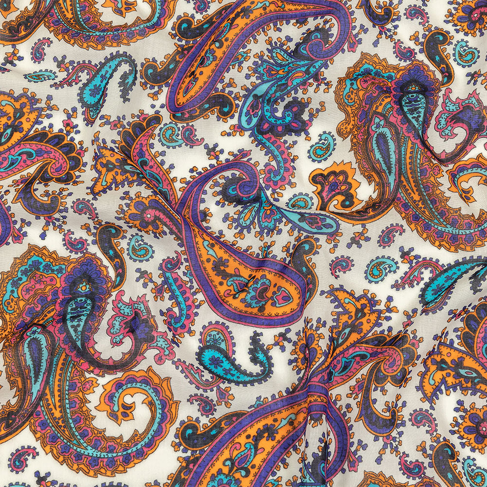 Gauzy Cotton Voile - White, Orange Pepper and Turquoise Paisley - Deadstock - Joann Fabrics
