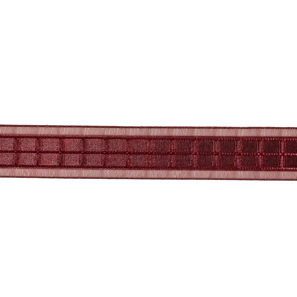 Wine Red Windowpane Checks and Sheer Borders Woven Ribbon - 0.625