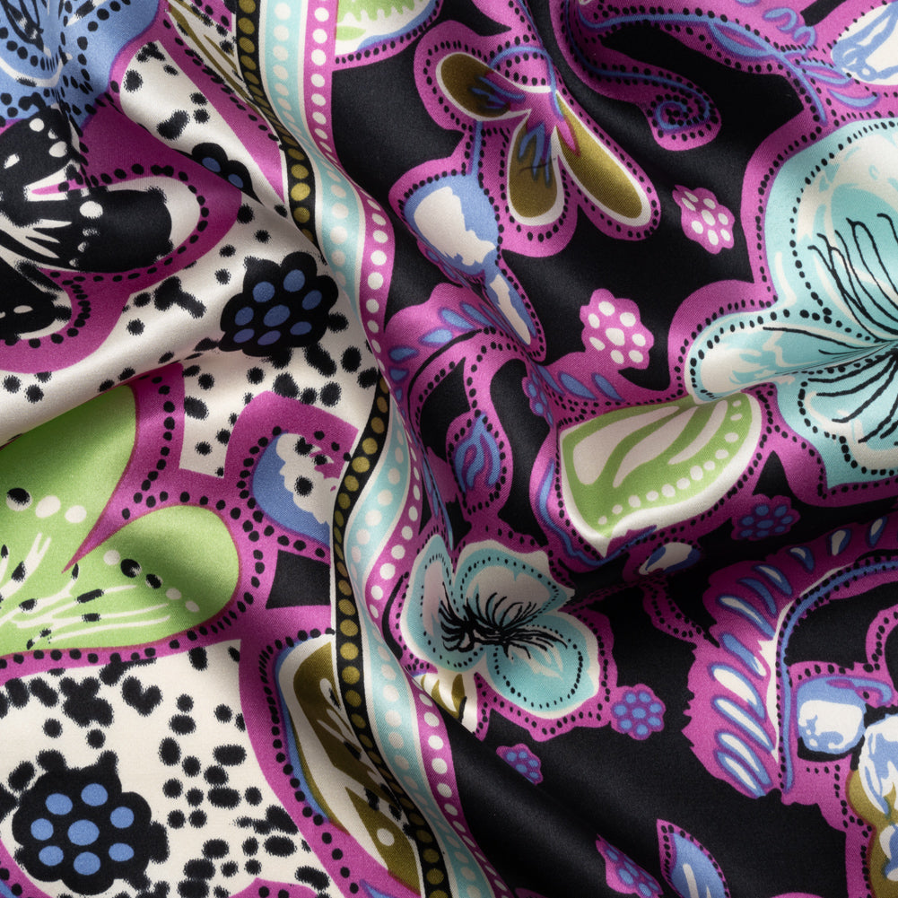 Magenta, Sky Blue and Black Floral Stripes Silk Charmeuse - Joann Fabrics