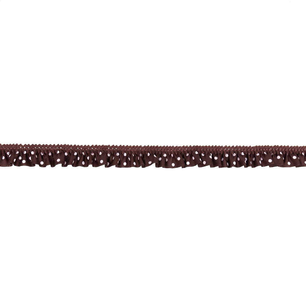 European Brown and White Polka Dot Ruffled Stretch Grosgrain .875