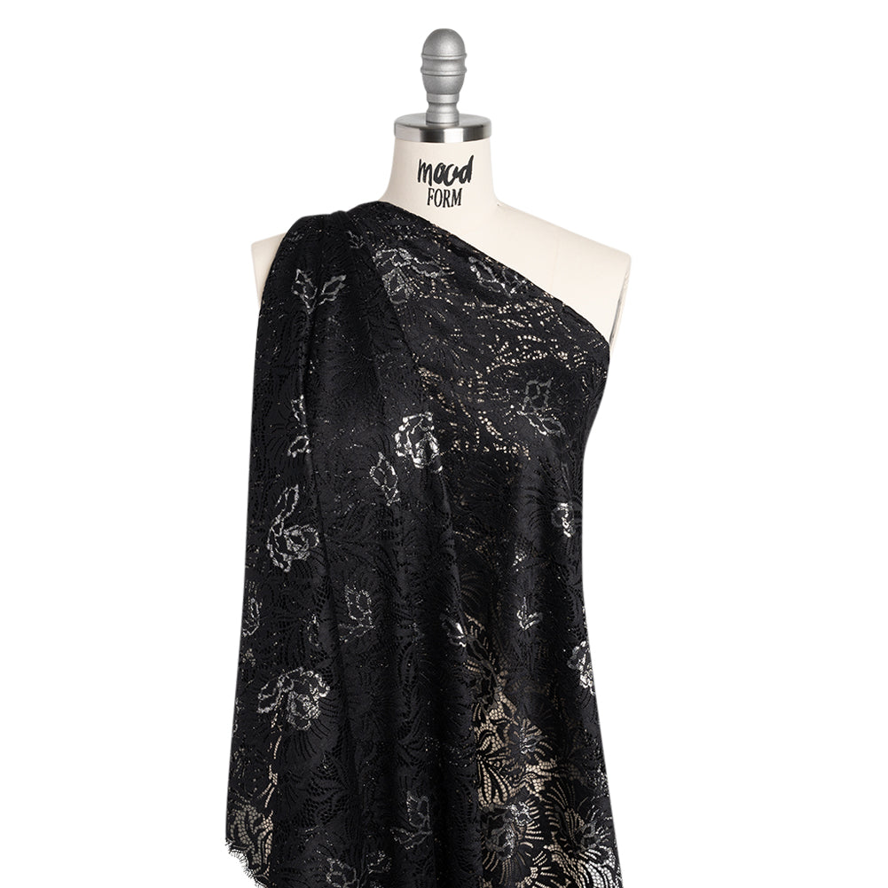Metallic Raschel Lace Panel with Finished Edges - Black and Silver Bold Florals - Joann Fabrics