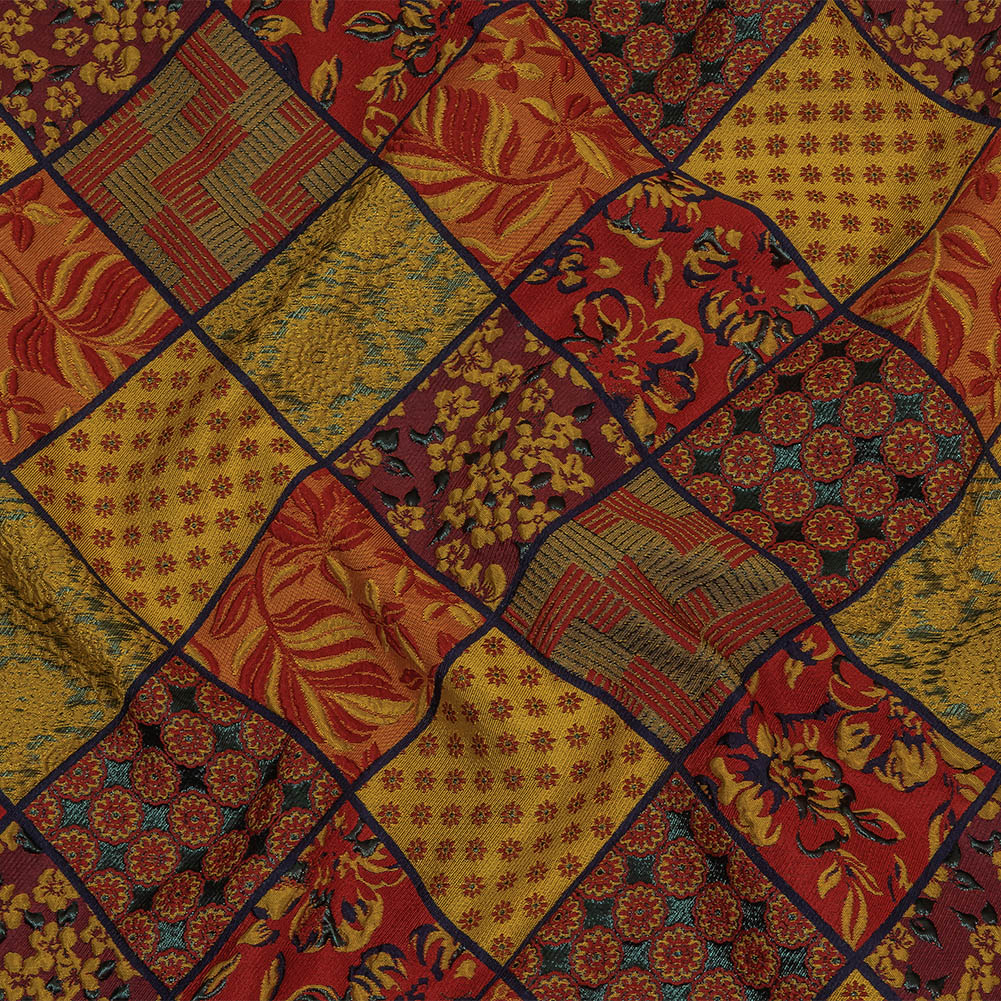 Red, Saffron and Metallic Navy Patchwork Squares Luxury Brocade - Joann Fabrics