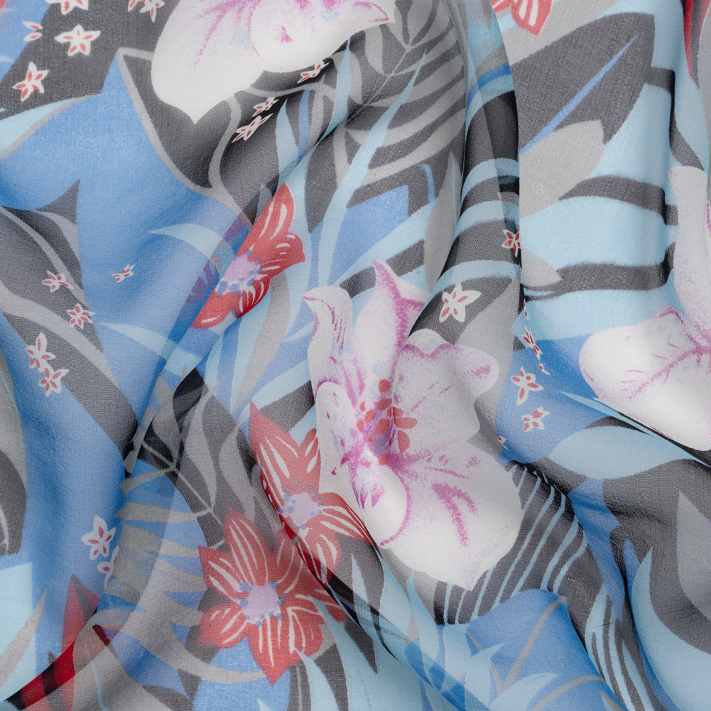 Blue, Black and Red Tropical Flora Silk Chiffon - Joann Fabrics