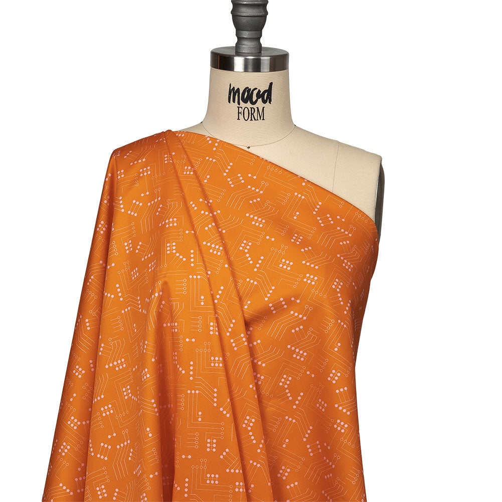Stretch Cotton Sateen - Orange Circuit Board Dots - Circuit Breaker Print - Mood Exclusive Citrus Collection - Joann Fabrics