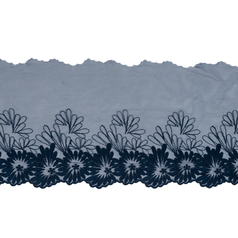 Poseidon Blue Floral Embroidered Mesh Trim - 4.5