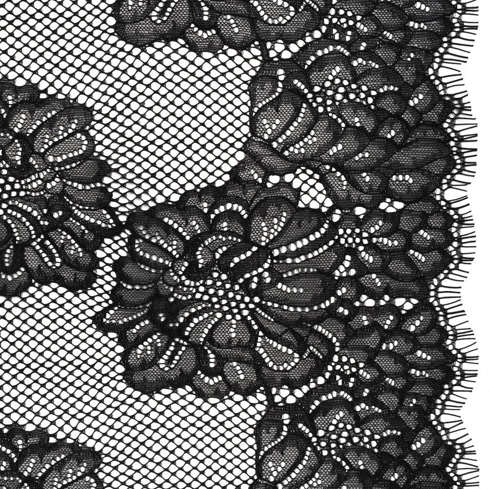 Corded Raschel Lace Panel with Finished Edges - Black Big Flowers on Diamond Net - Joann Fabrics
