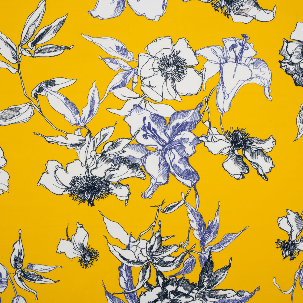 Polyester Satin-Backed Crepe - Yellow, Navy and Black Floral Sketches - Made in Italy - Joann Fabrics