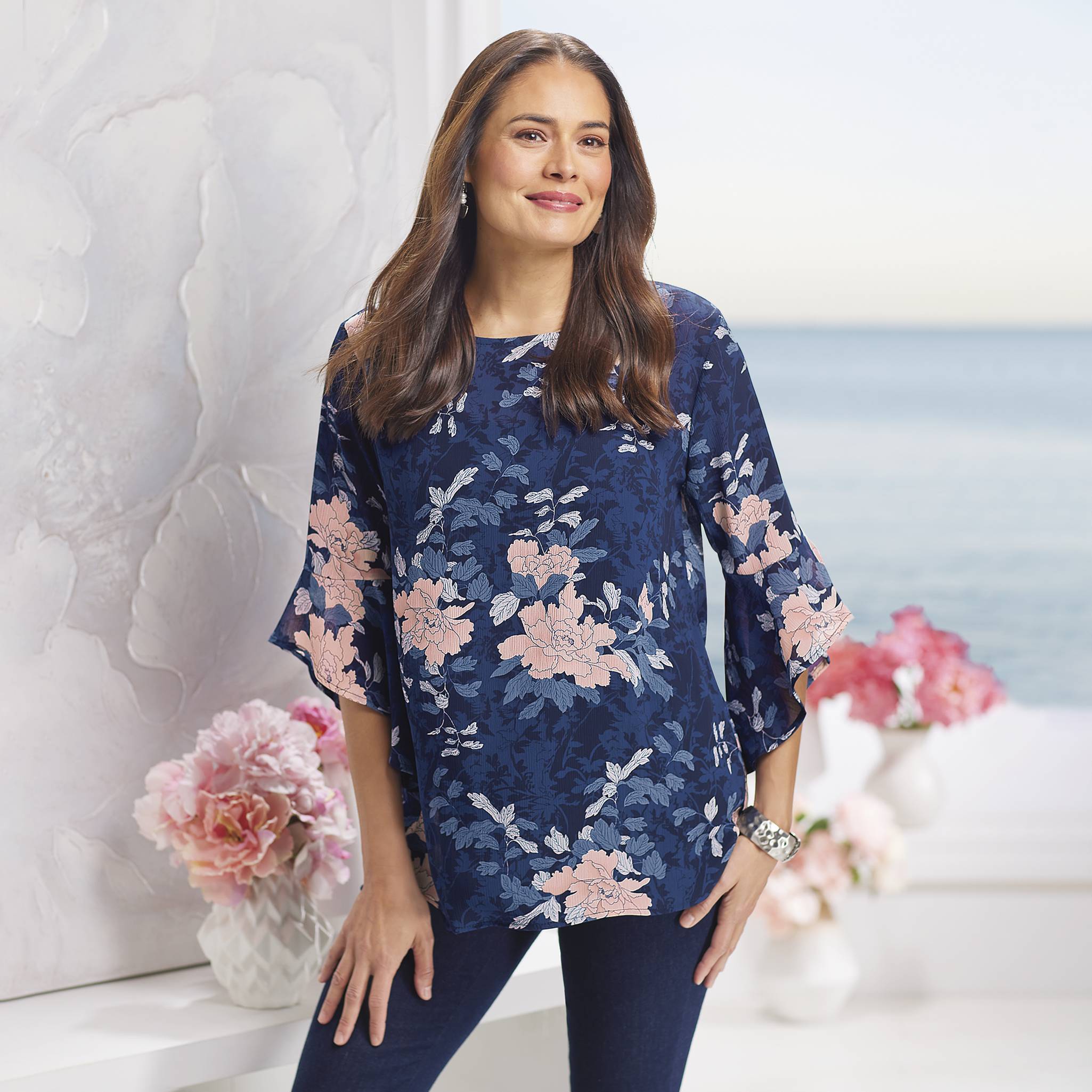 Peony Print Top, Elbow-Length Sleeves, Keyhole Back, Semi Sheer - Northstyle Catalog