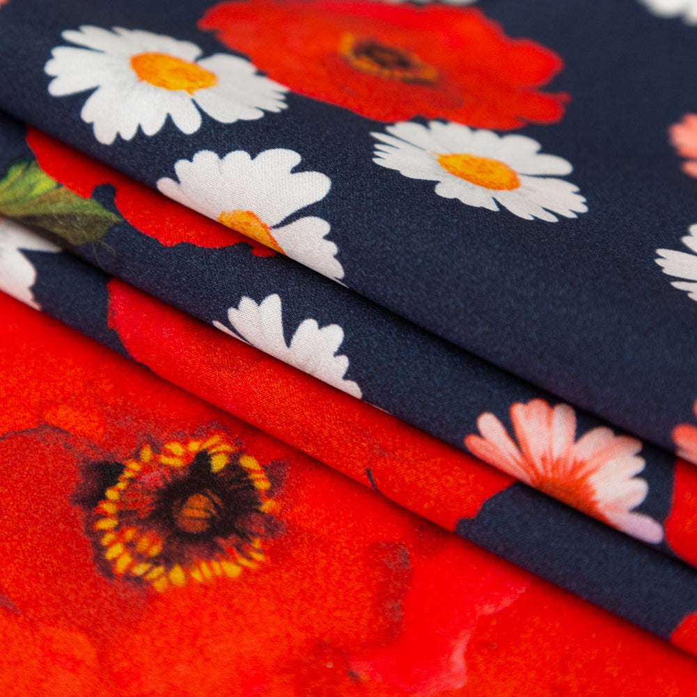 Mood Exclusive Italian Navy, Red and Gray Floral Border Digitally Printed Silk Charmeuse - Joann Fabrics