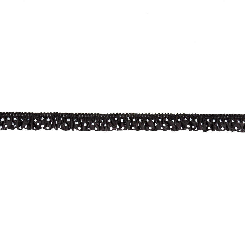 European Black and White Polka Dot Ruffled Stretch Grosgrain .875