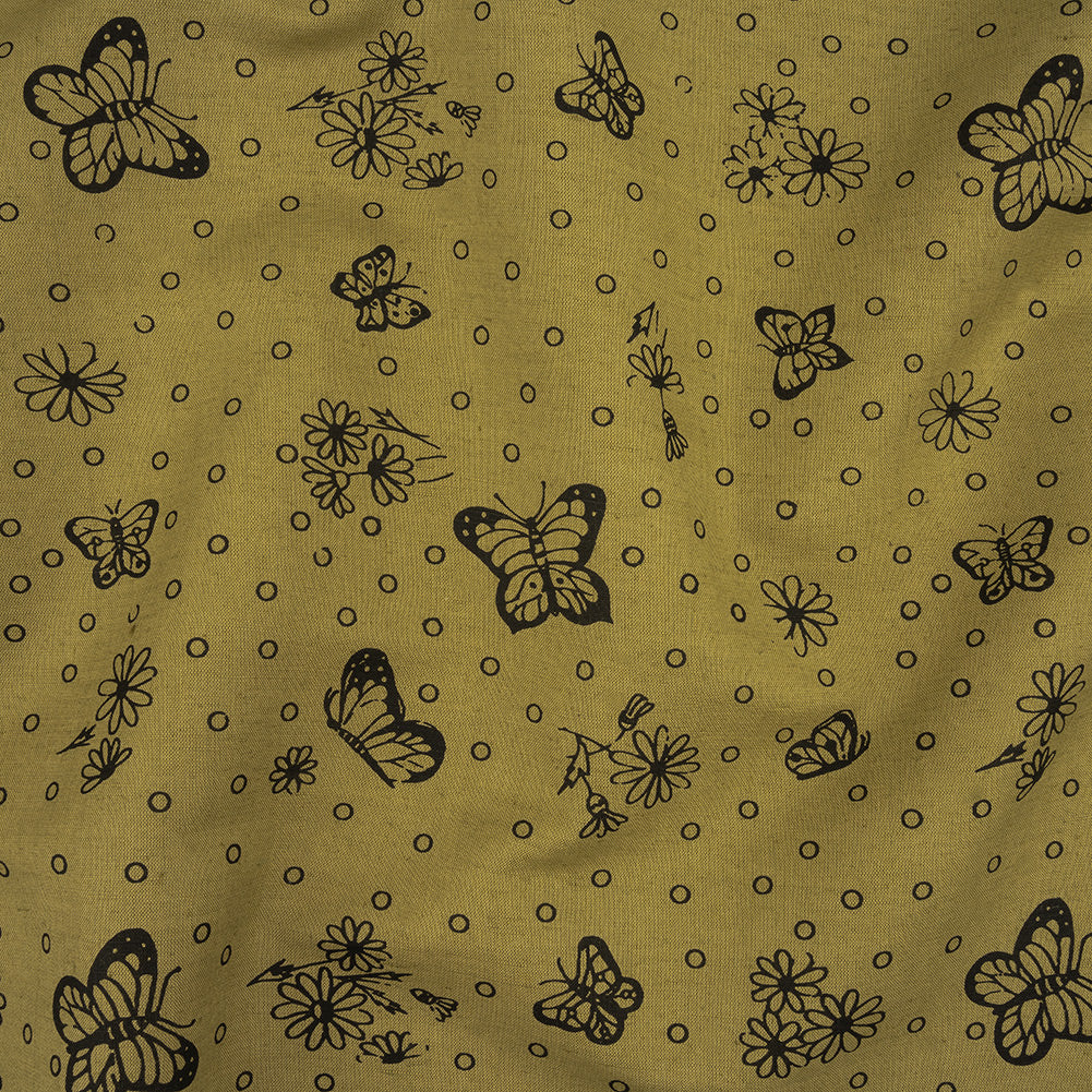 Khaki and Black Butterfly Printed Linen Woven - Joann Fabrics