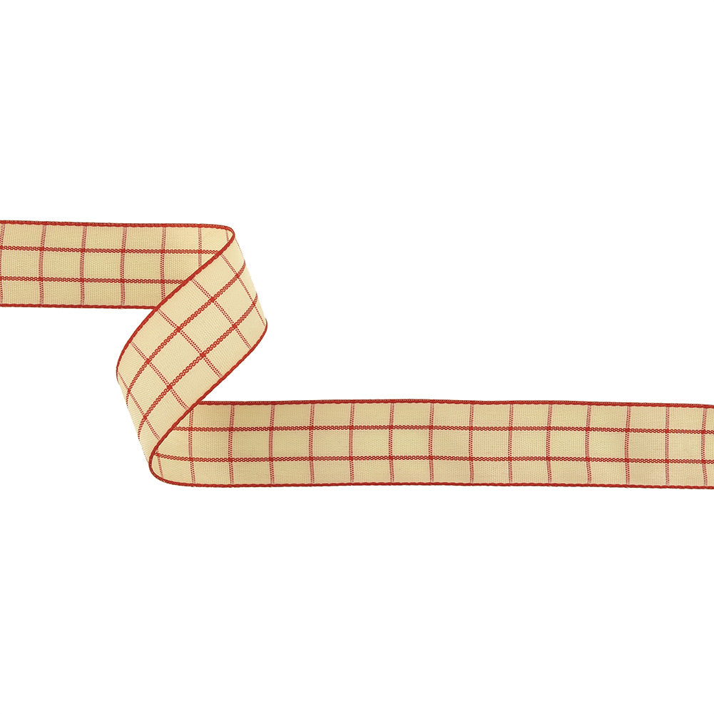 Pointsettia and Ethereal Green Windowpane Check Woven Ribbon - 1