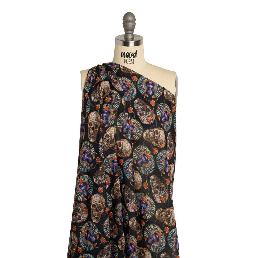 Medium Weight Linen and Cotton Woven - Black, Green and Red Scarab Beetles and Skulls - Joann Fabrics