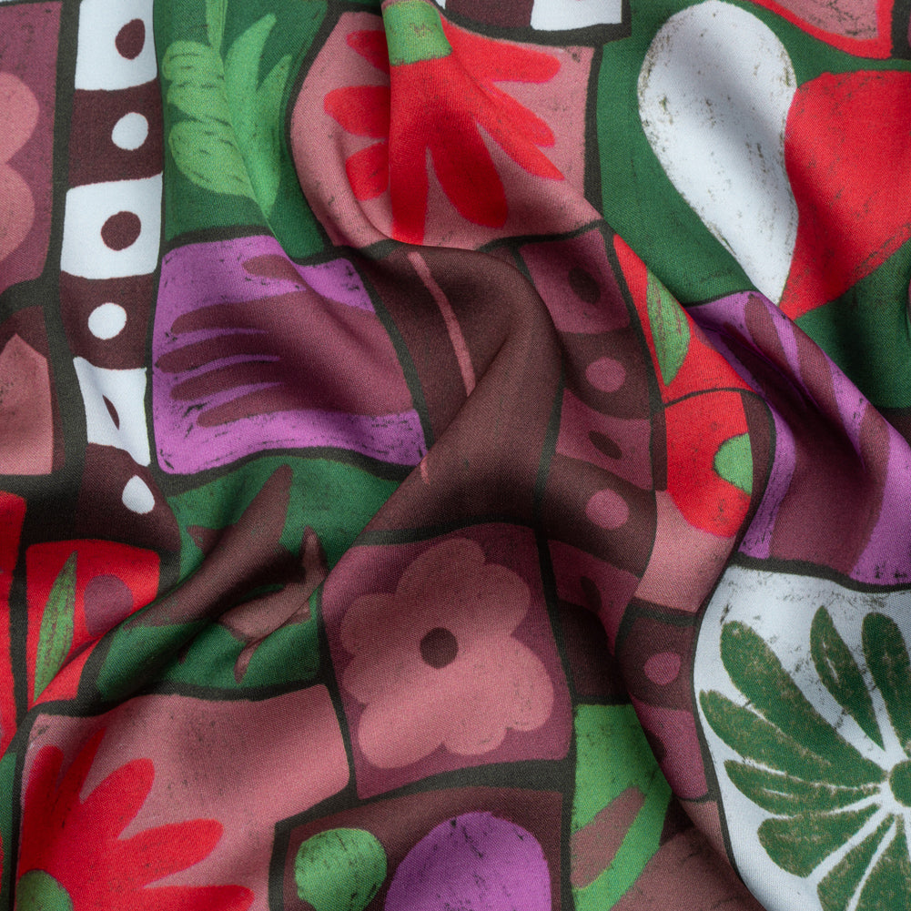 Sustainable and Recycled Viscose Satin Print - Purple, Green and Red Simple Symbols Patchwork - Mood Exclusive Come Together - Joann Fabrics