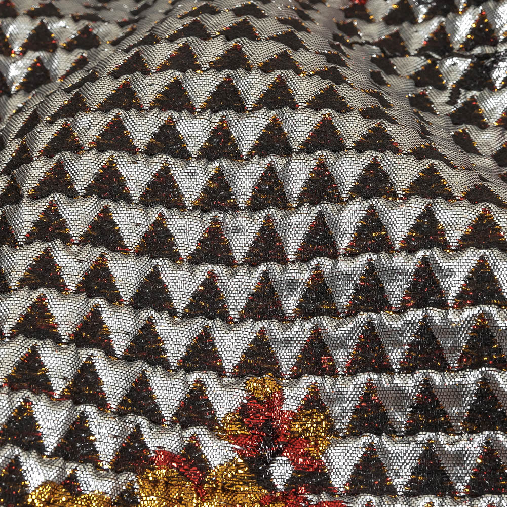 Metallic Silver, Red and Orange Floral Triangles Quilted Look Luxury Brocade - Joann Fabrics