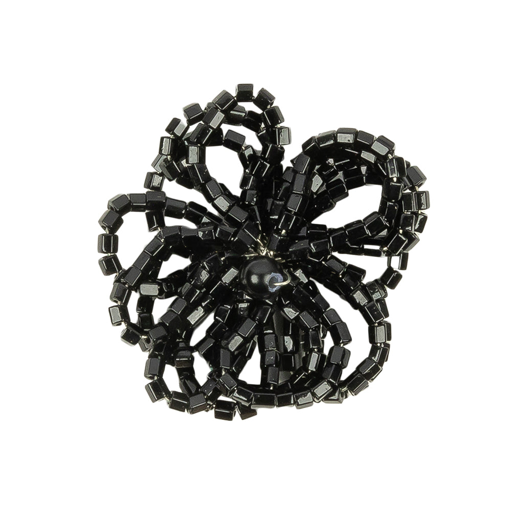 Vintage Jet Black Seed Beaded Flower Decoration with Black Faux Pearl Center - 1.25