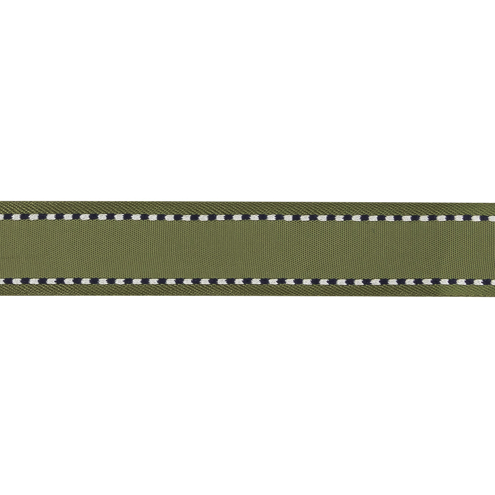 Sage Green Woven Ribbon with Navy and White Stitched Border - 0.625