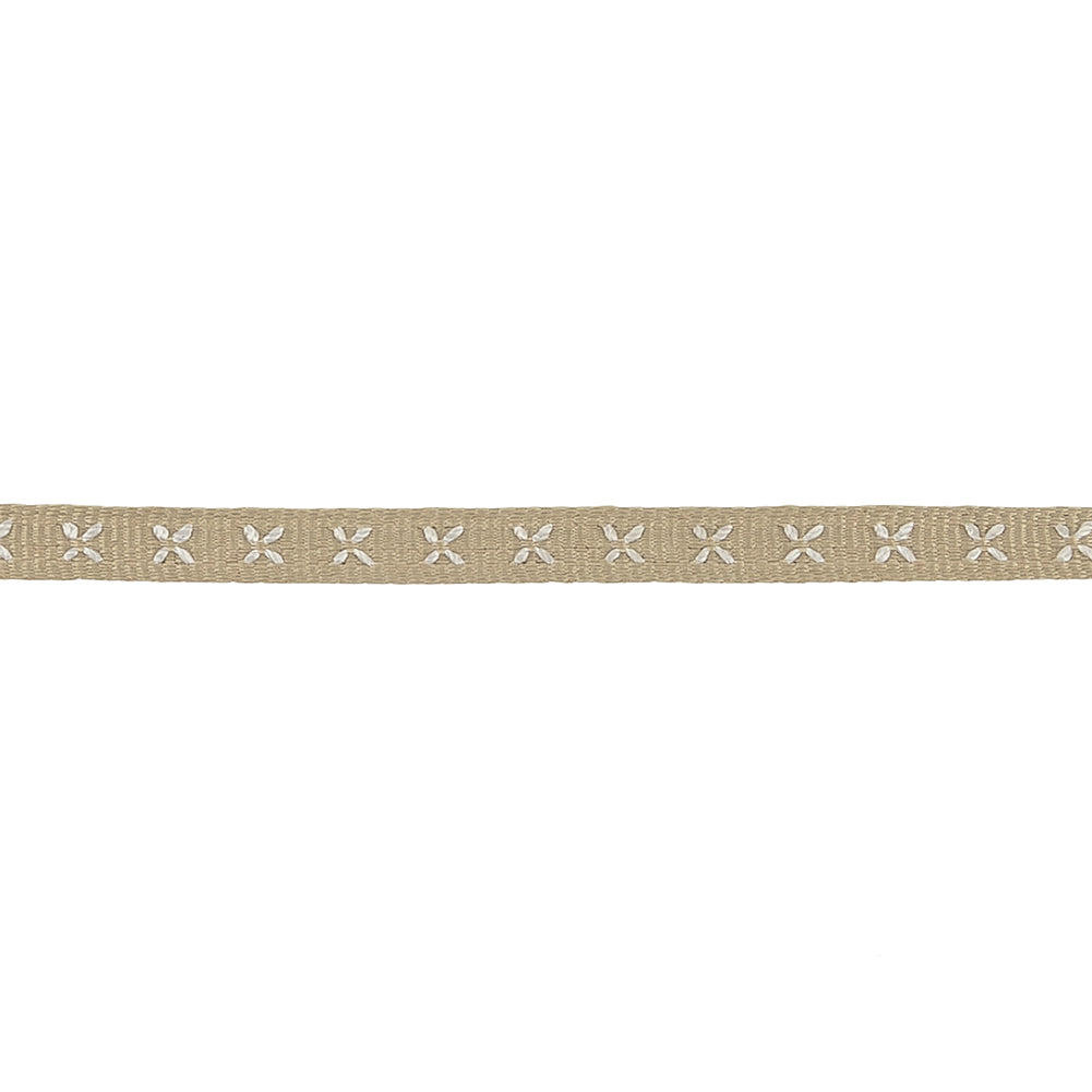 Beige Grosgrain Ribbon with Blanc de Blanc Stitched Flowers - 0.25