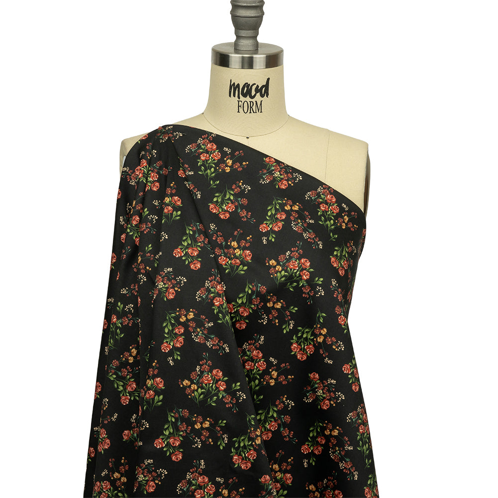 Stretch Cotton Sateen - Black and Pink Floral - Mason Jar Bouquet Print - Mood Exclusive Rockland Collection - Joann Fabrics