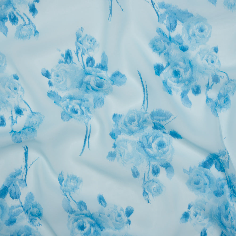 Polyester Chiffon - Sky Blue Ikat Roses - Designer Deadstock - Joann Fabrics