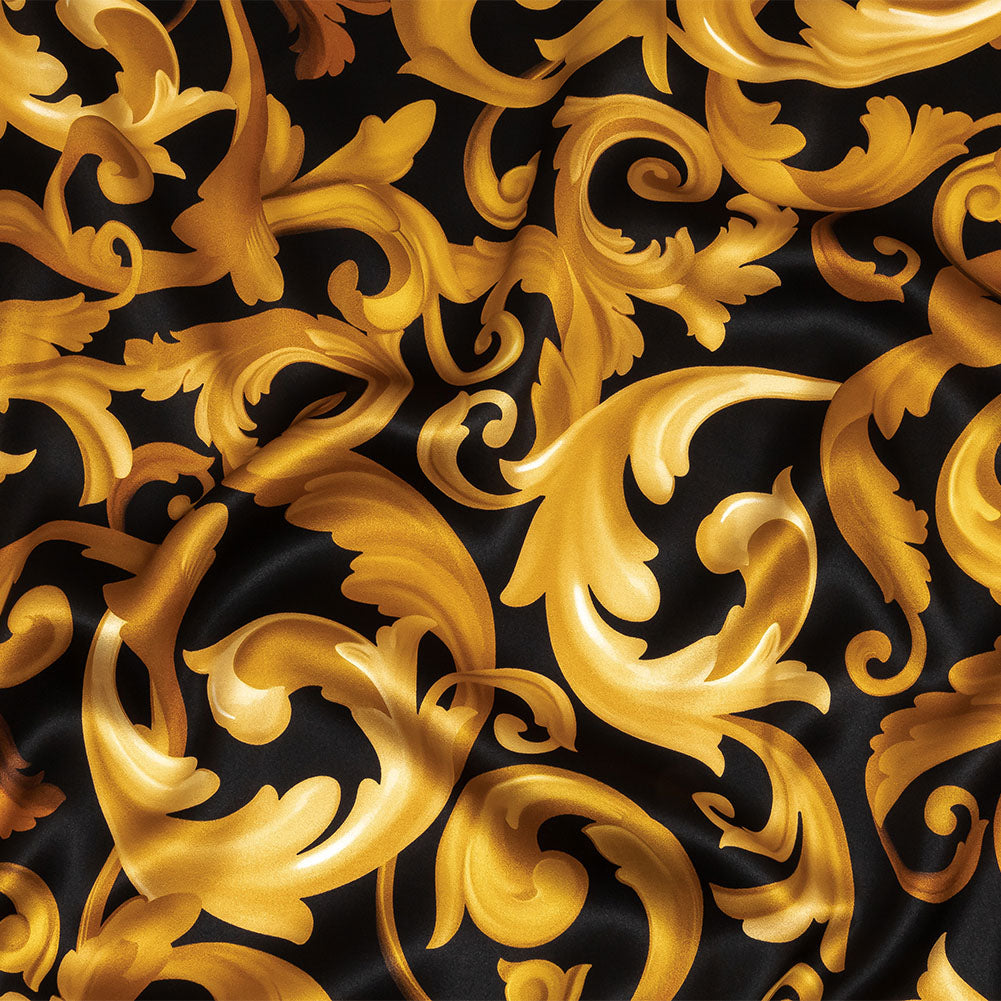 Mood Exclusive Italian Black and Gold Ornate Swirls Silk Charmeuse - Joann Fabrics