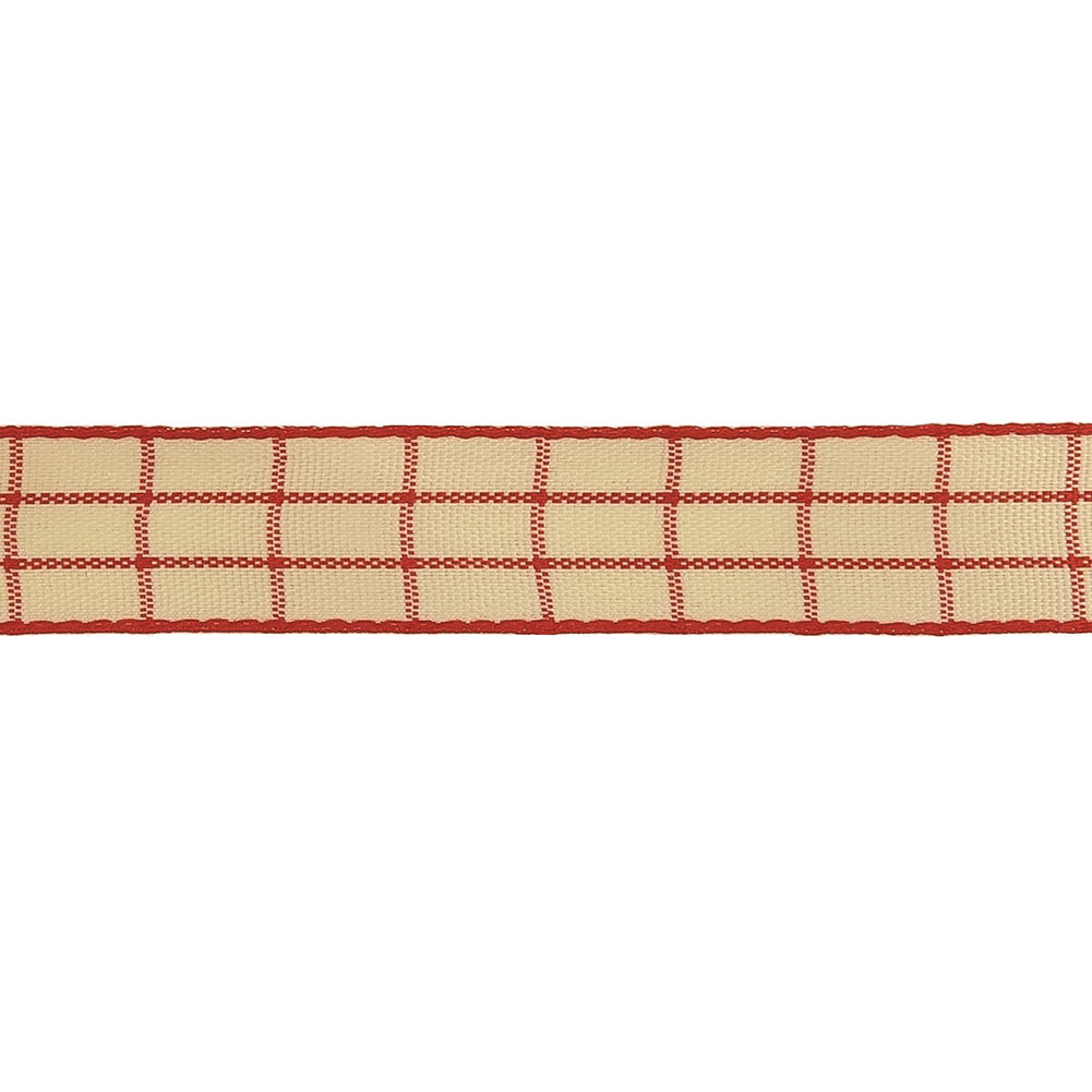 Pointsettia and Ethereal Green Windowpane Check Woven Ribbon - 0.625