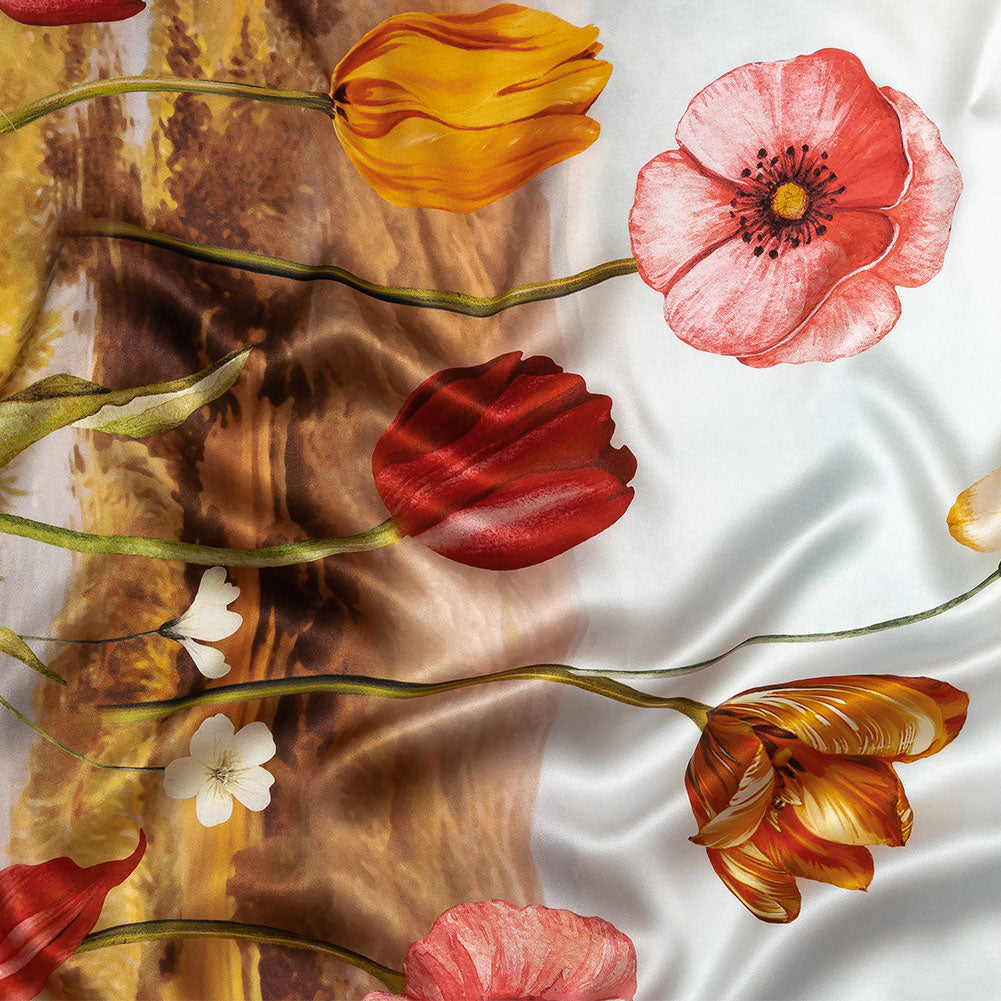 Mood Exclusive Italian Bit of Blue, Olive and Pink Pastoral Floral Border Printed Silk Charmeuse - Joann Fabrics