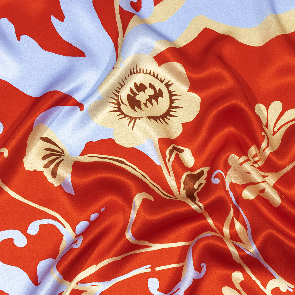 Italian Red, Beige and Sky Ornamental Floral Silk Charmeuse - Joann Fabrics