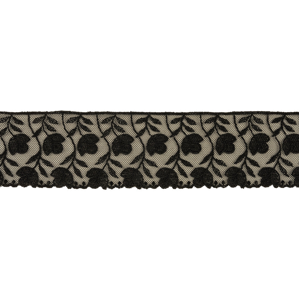 Black Tulips Embroidered Lace Trim - 2.25