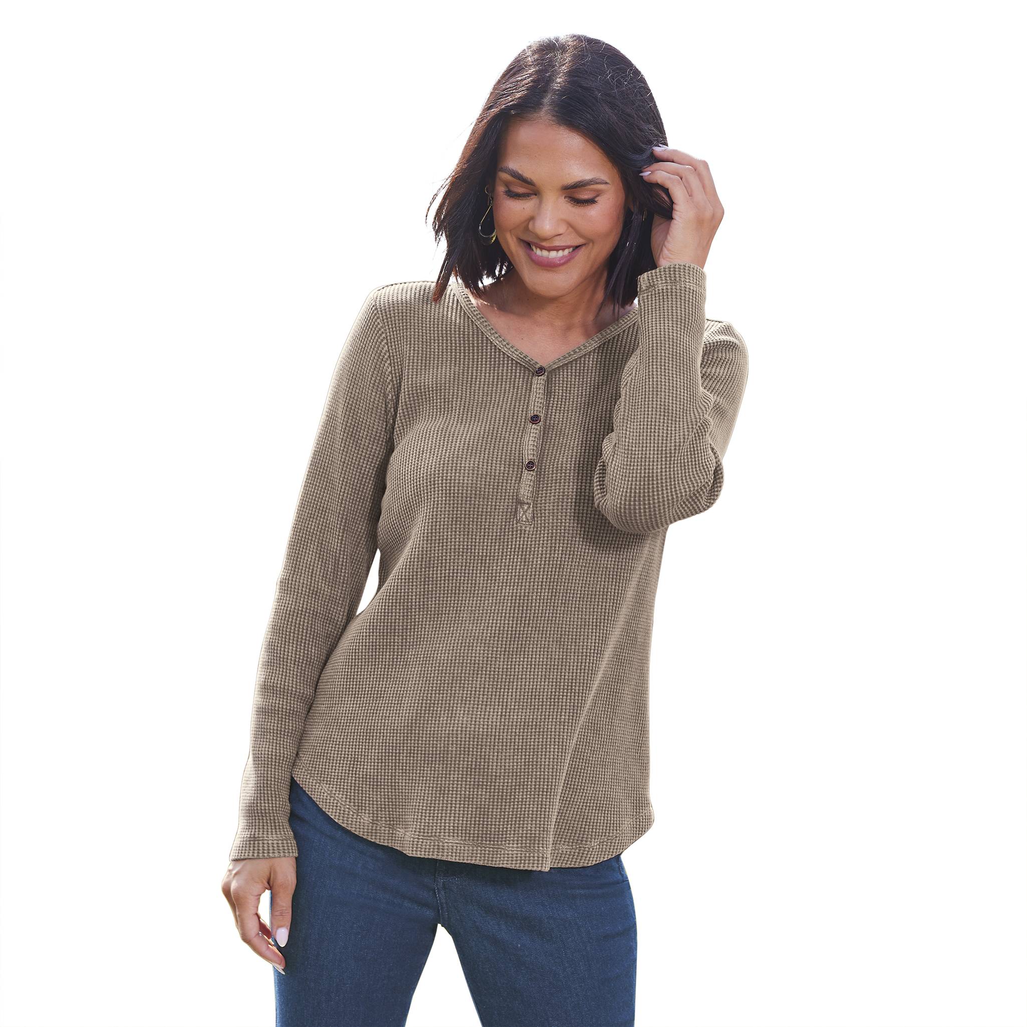 Waffle-Texture Knit Top Henley, Long Sleeves, Curved Hem - Northstyle Catalog
