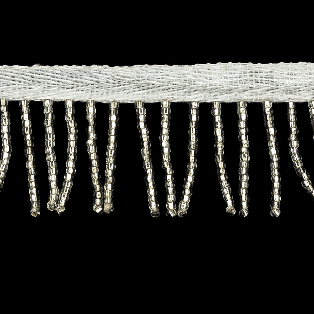 Vintage Silver and White Seed Beaded Chainette Fringe - 1
