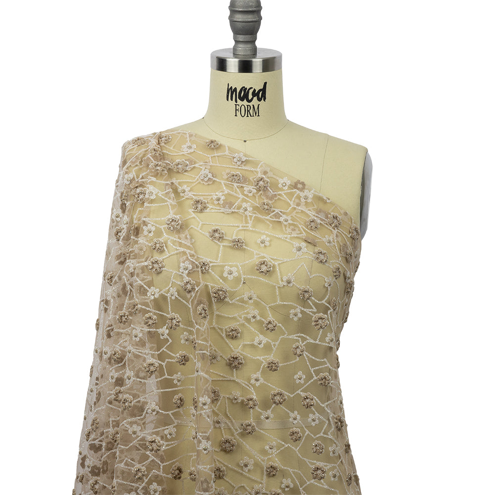 3D Puffy Glitter Tulle - Taupe and White Flowers and Geometric Stems - Joann Fabrics