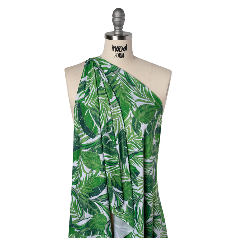 Stretch Polyester ITY Jersey by Vera Wang - Kelly Green and White Palm Leaves - Designer Deadstock - Joann Fabrics