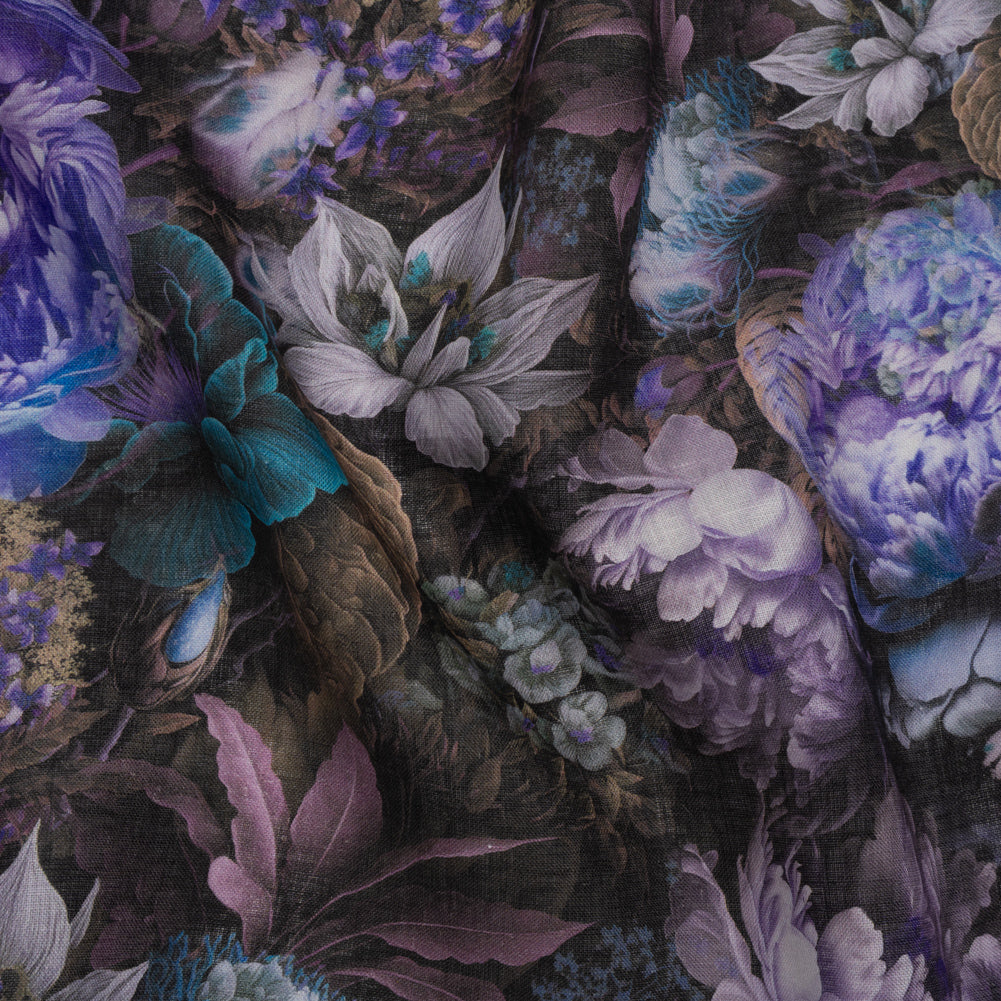 Medium Weight Linen Woven Print - Lilac, Dark Teal and Taupe Mythical Garden - Joann Fabrics