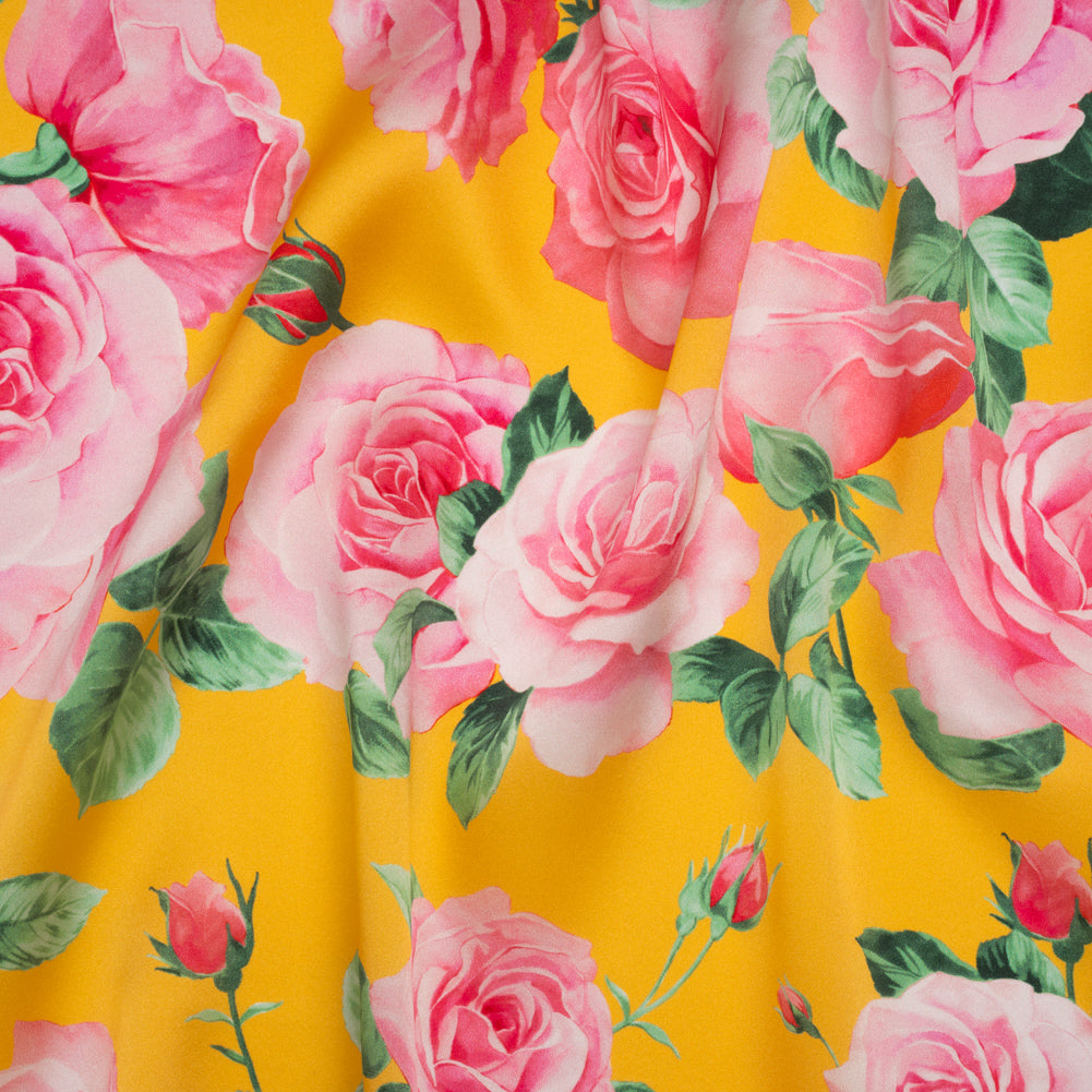 Silk Charmeuse Print 16MM, Made in Italy - Yellow, Pink and Green Bunches of Roses - Joann Fabrics