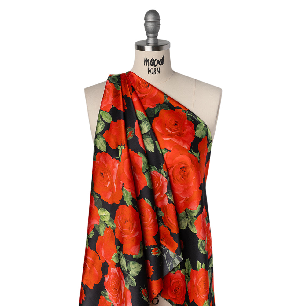 Silk Charmeuse Print 16MM, Made in Italy - Black, Red and Green Bunches of Roses - Joann Fabrics