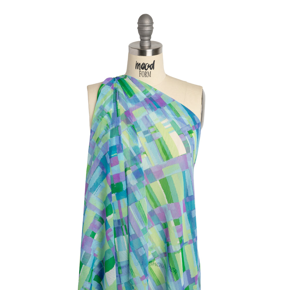 Crinkled Polyester Chiffon Print - Blue, Lime Green and Purple Painted Plaid - Designer Deadstock - Joann Fabrics