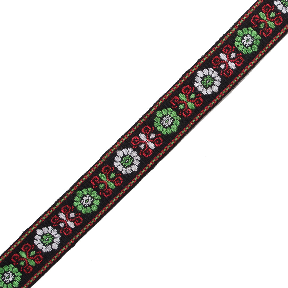 Green and Red Floral German Jacquard Ribbon - 0.75
