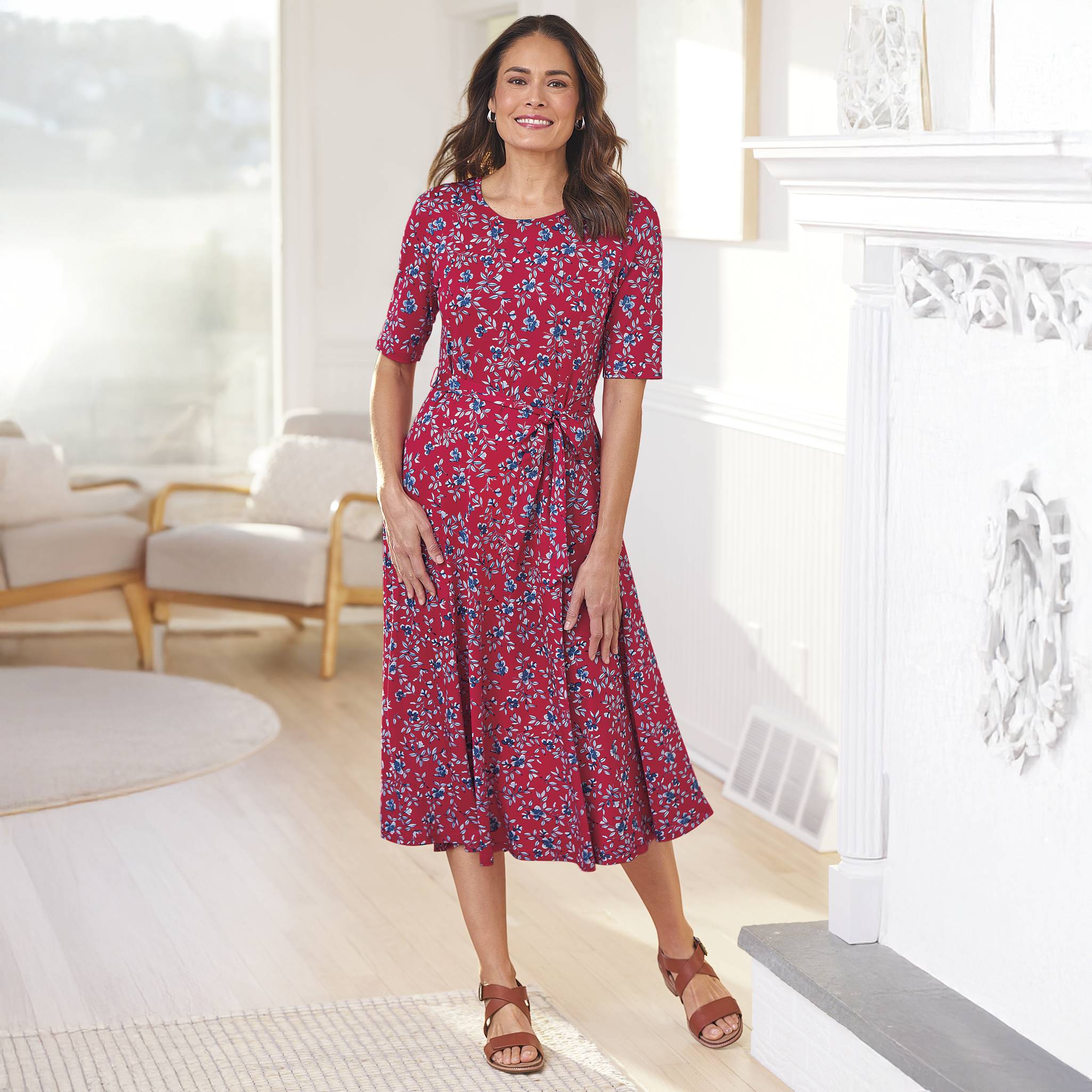 Leafy Floral Knit Dress, Elbow Sleeves, Removable Sash - Northstyle Catalog
