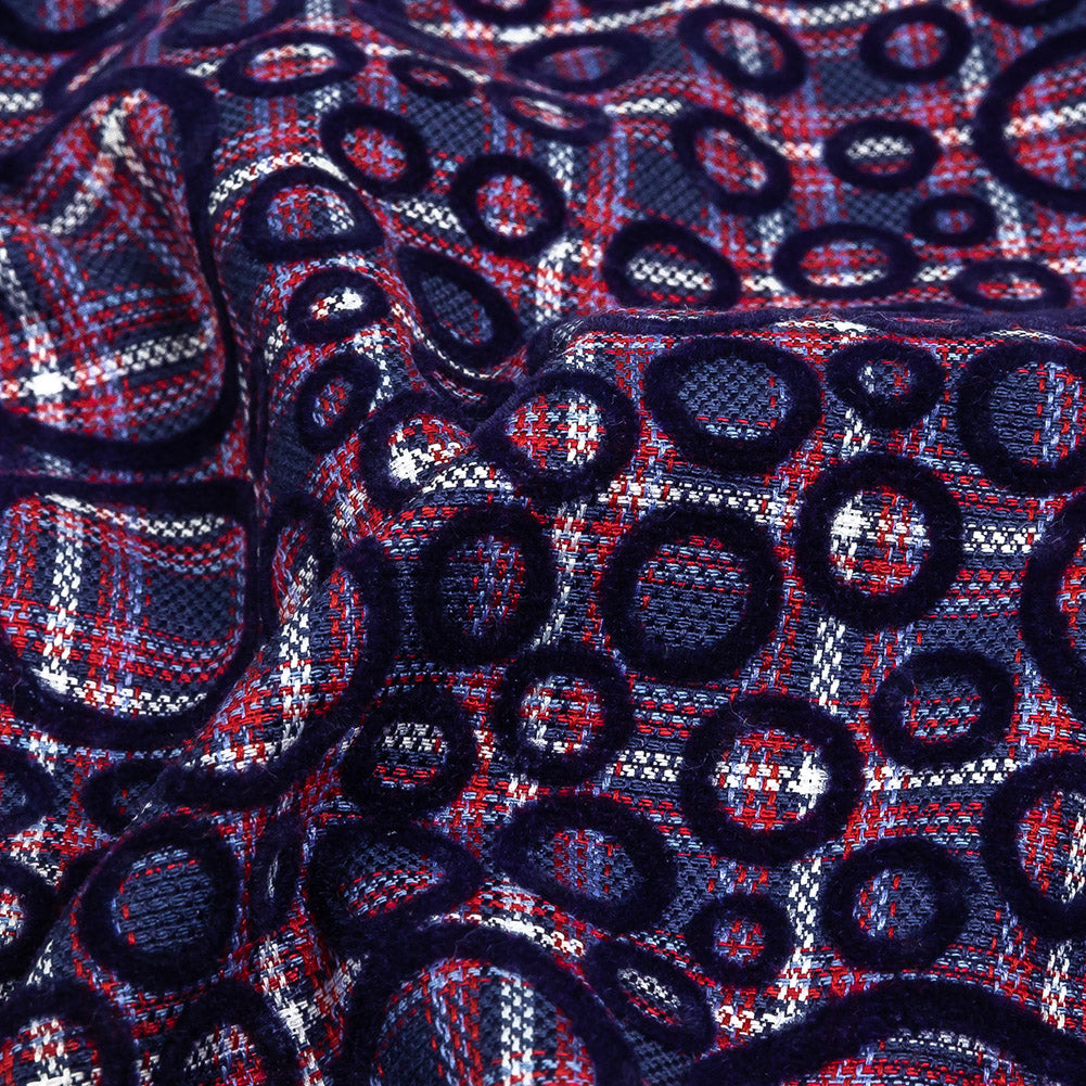 Estate Blue, Red and Navy Flocked Circles on Plaid Rustic Cotton and Polyester Woven - Joann Fabrics