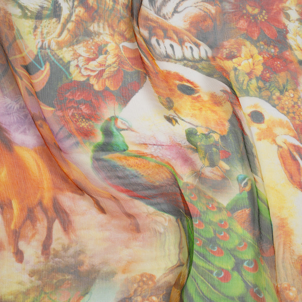 Crinkled Silk Chiffon Print - Green, Gold, and Red Flowers and Animals - Deadstock - Joann Fabrics